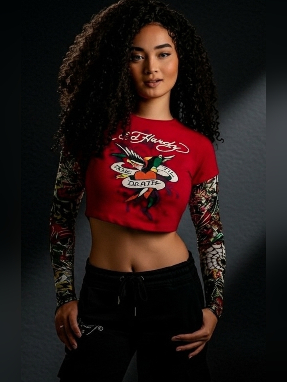 ED HARDY Red Graphic Cropped Long-Sleeve Tee with Tattoo-Print Sleeves